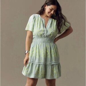 Anthropologie Somerset Mini Dress Small Linen Blend Mint Embroidered